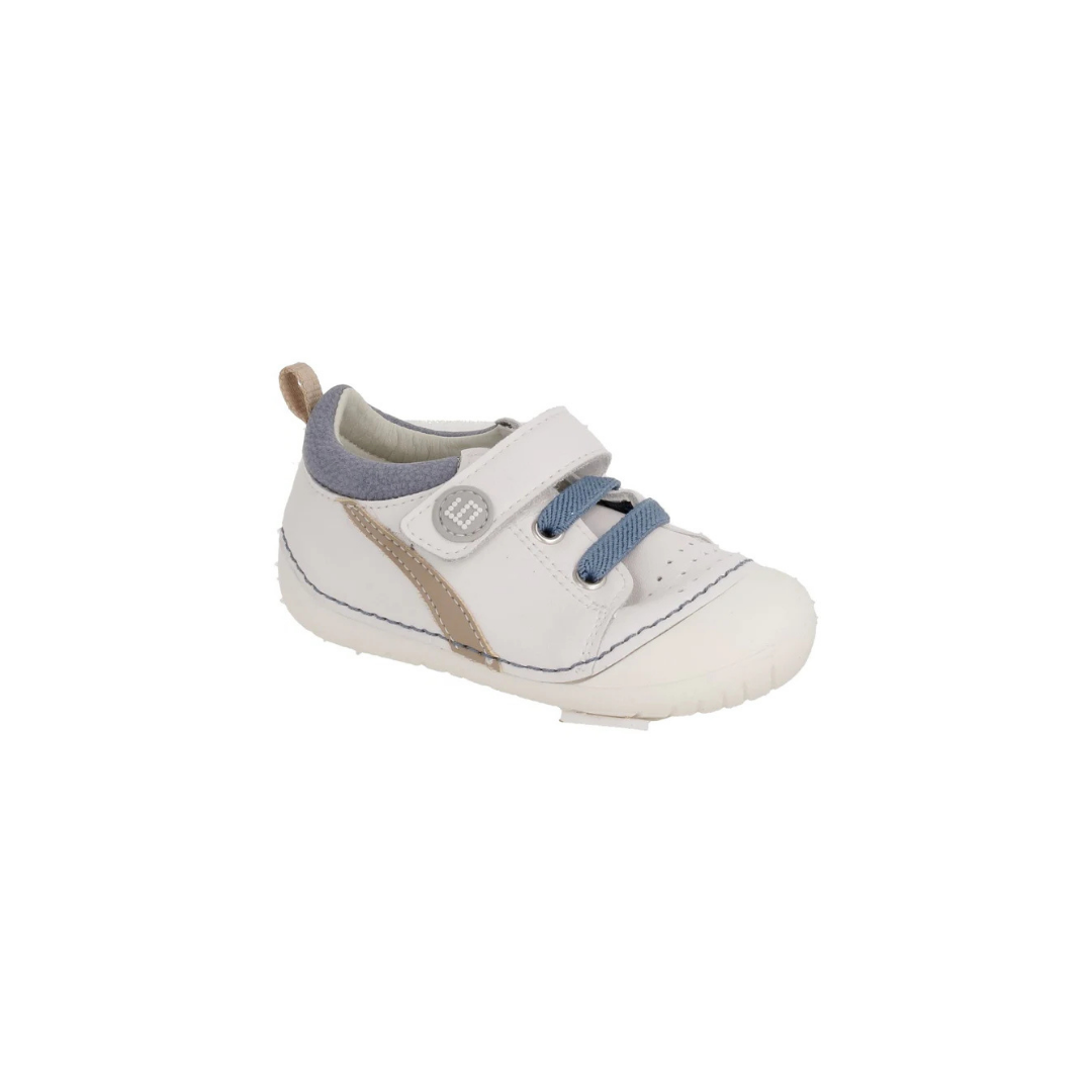DEPORTIVA RESPETUOSA PRIMEROS PASOS CON VELCRO Y ELÁSTICO ZEUS PIEL BLANCA Y AZUL JEANS - GATEAFLEX - ANDANINES