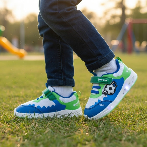 DEPORTIVA BAREFOOT LUCES VELCRO Y CORDONES ELÁSTICOS AZUL Y VERDE FÚTBOL - CHETTO