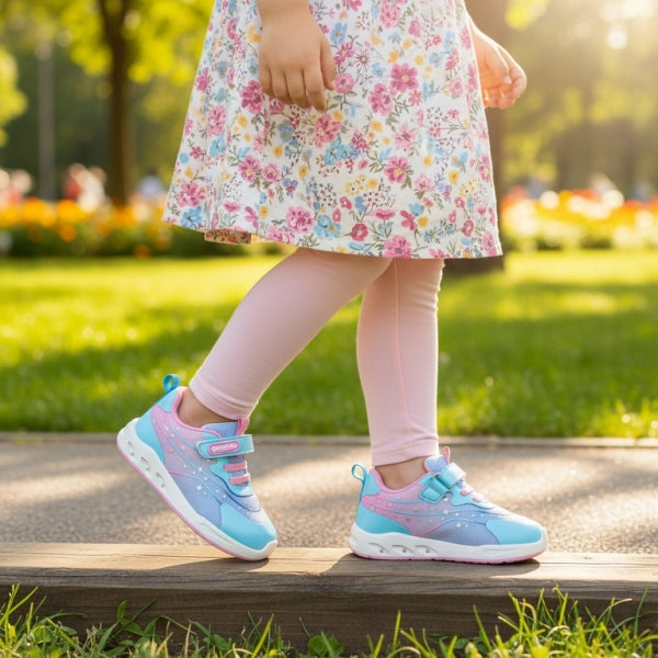 DEPORTIVA BAREFOOT LUCES VELCRO Y CORDONES ELÁSTICOS ROSA Y AZUL - CHETTO