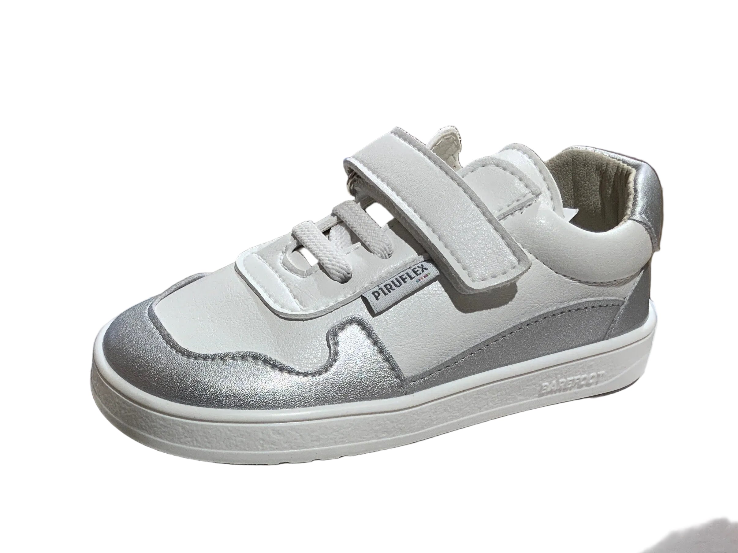 DEPORTIVA  BAREFOOT INFANTIL CON VELCRO Y ELASTICO 5005-3 MICRO BLANCO Y PLATA- PIRUFLEX