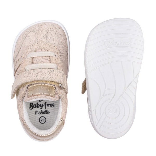 DEPORTIVA BAREFOOT BABY FREE "SAMBA" BEIGE Y ORO CON VELCRO Y ELÁSTICO PIEL 1125500 - CHETTO - GARÓS