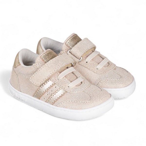 DEPORTIVA BAREFOOT BABY FREE "SAMBA" BEIGE Y ORO CON VELCRO Y ELÁSTICO PIEL 1125500 - CHETTO - GARÓS