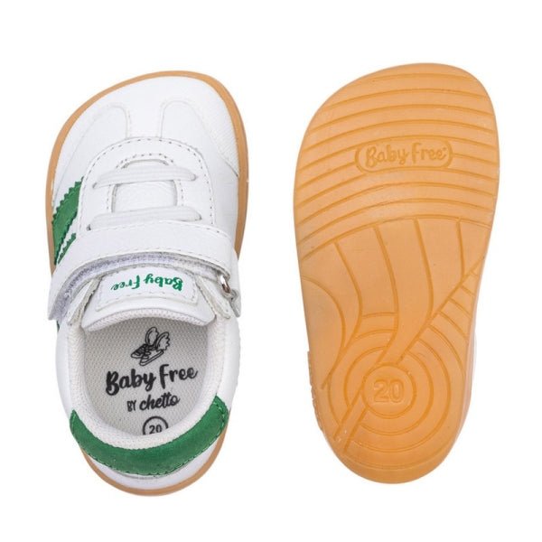 DEPORTIVA BAREFOOT BABY FREE "SAMBA" BLANCO Y VERDE CON VELCRO Y ELÁSTICO PIEL 1125500 - CHETTO - GARÓS