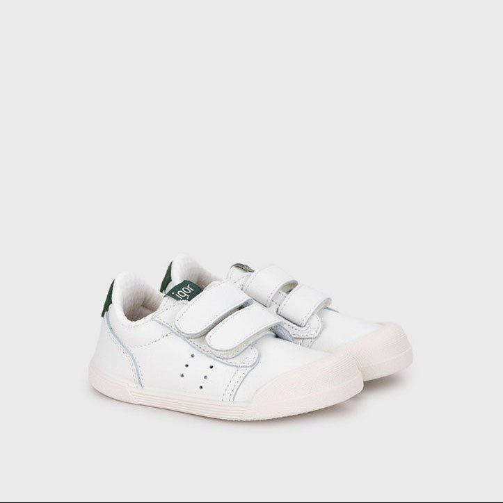 DEPORTIVA BAREFOOT MEDIUM TENNIS PIEL BLANCA Y VERDE MUSGO - IGOR - GARÓS
