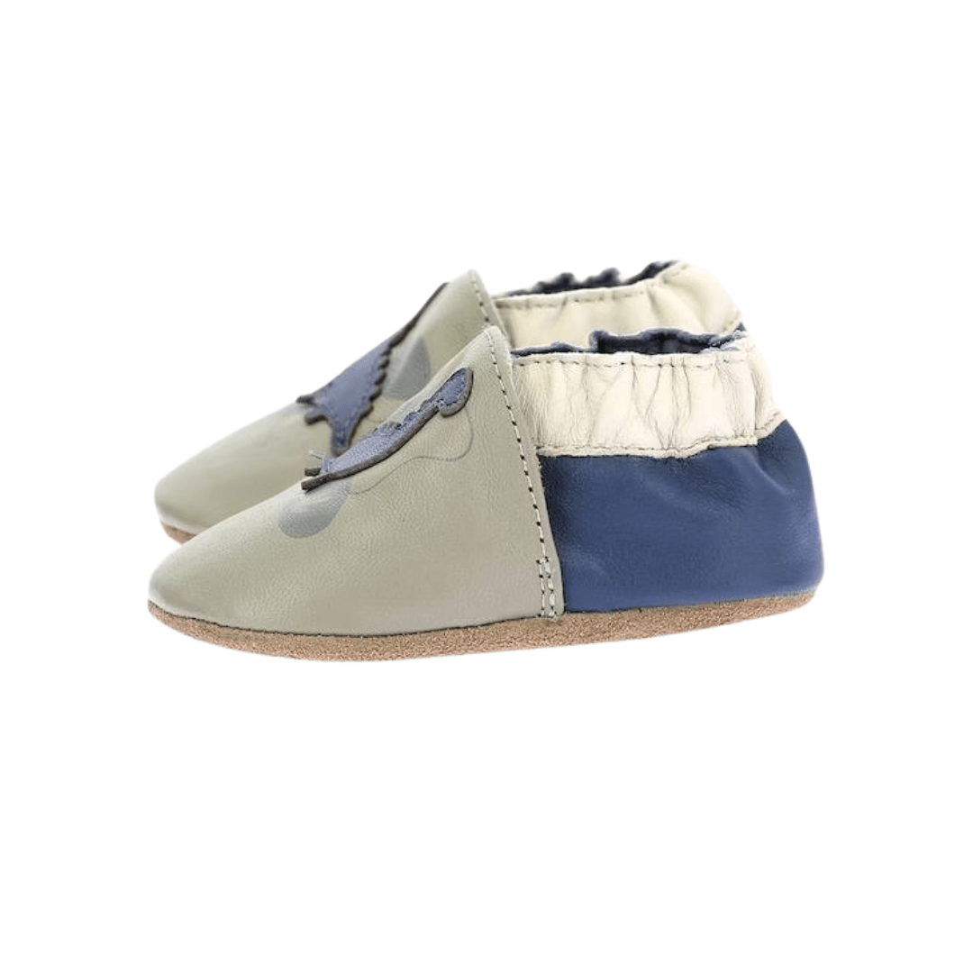 PATUCO PIEL PRIMEROS PASOS ROBEEZ DINOSAURIOS KAKI BLEU BEBÉ - GARÓS