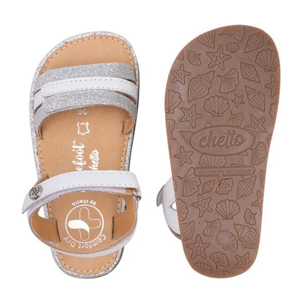 SANDALIA BAREFOOT INFANTIL CON VELCRO 1126016 PIEL BLANCO Y PLATA - CHETTO - GARÓS