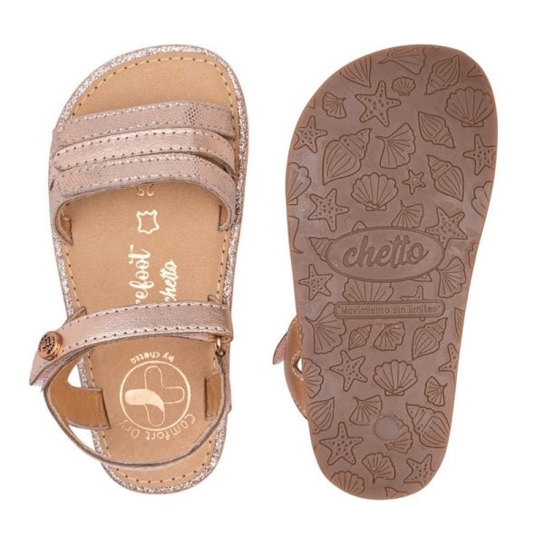 SANDALIA BAREFOOT INFANTIL CON VELCRO 1126016 PIEL ORO ROSA - CHETTO - GARÓS