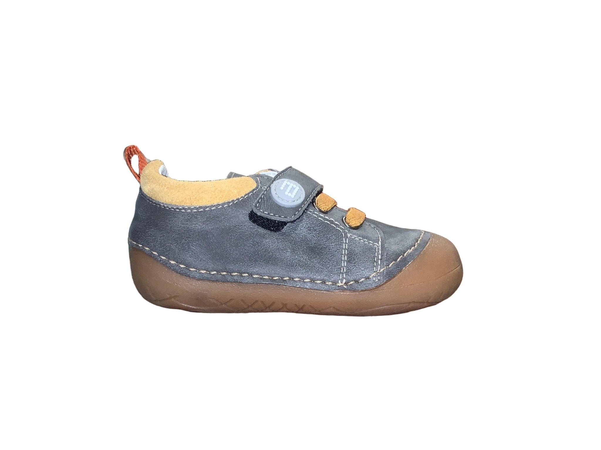 ZAPATO RESPETUOSO PRIMEROS PASOS CON VELCRO Y ELÁSTICO PIEL GRIS Y MOSTAZA - GATEAFLEX - ANDANINES - GARÓS